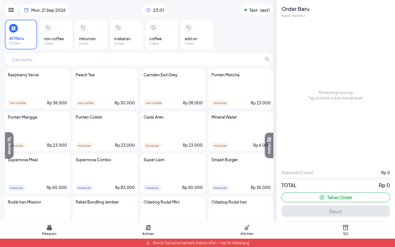 Layar pesanan Disqon POS: daftar menu dan keranjang